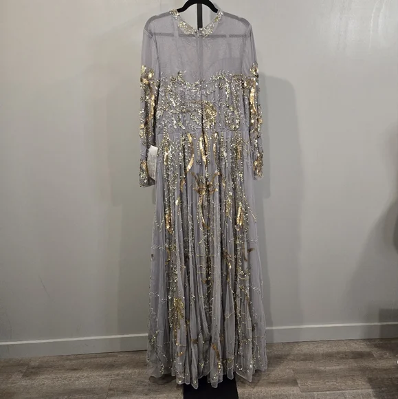 NWT Mac Duggal PLATINUM GOLD LONG SLEEVE‎ EMBELLISHED ILLUSION GOWN… - Picture 8 of 12